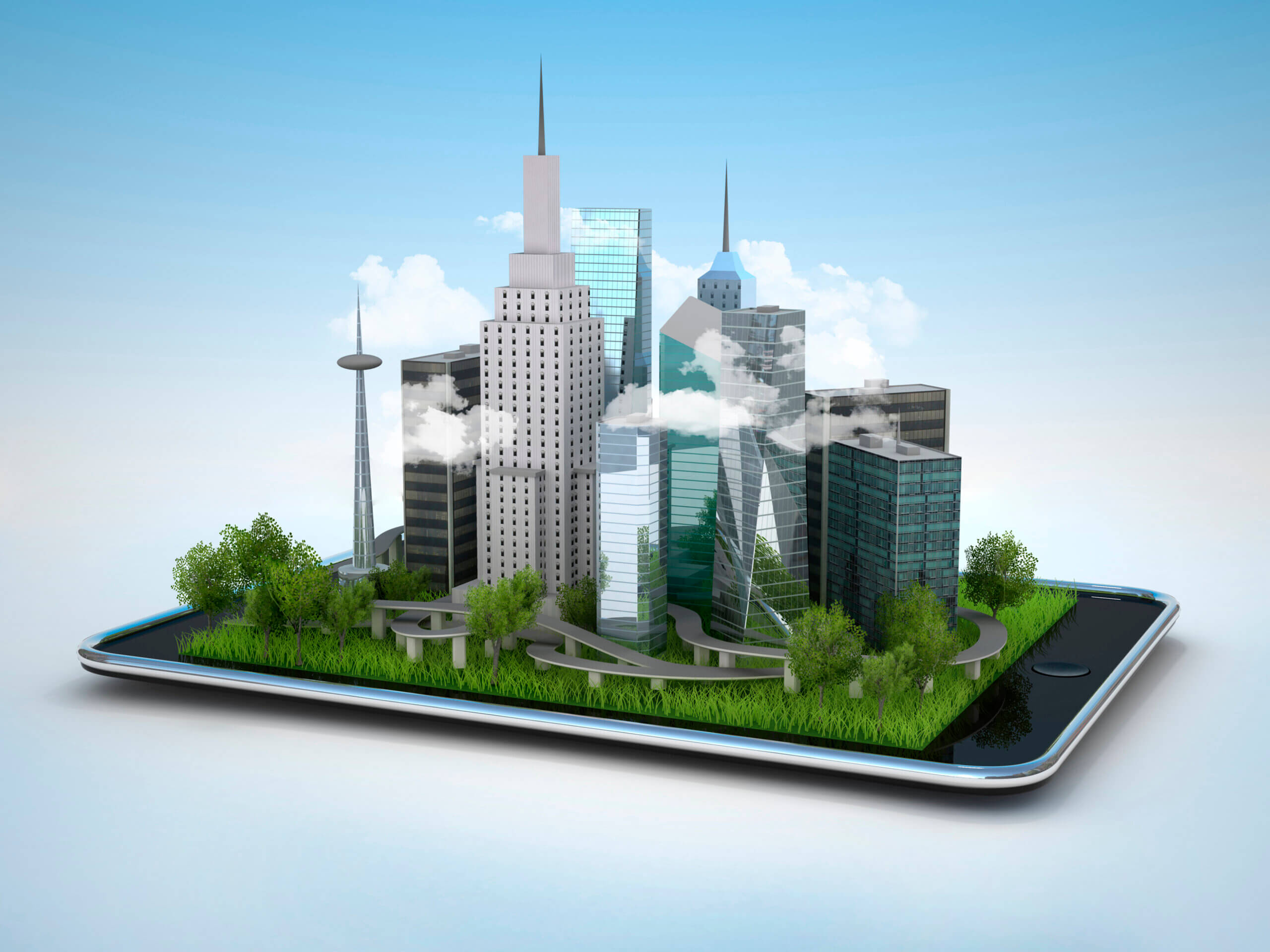 A smartphone with an AR-generated virtual city skyline protruding from its screen