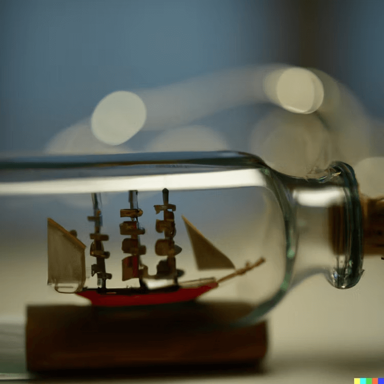 Dall-E, intelligence artificielle, photo créée à partir du texte descriptif : « diorama d'une caravelle historique dans une bouteille
