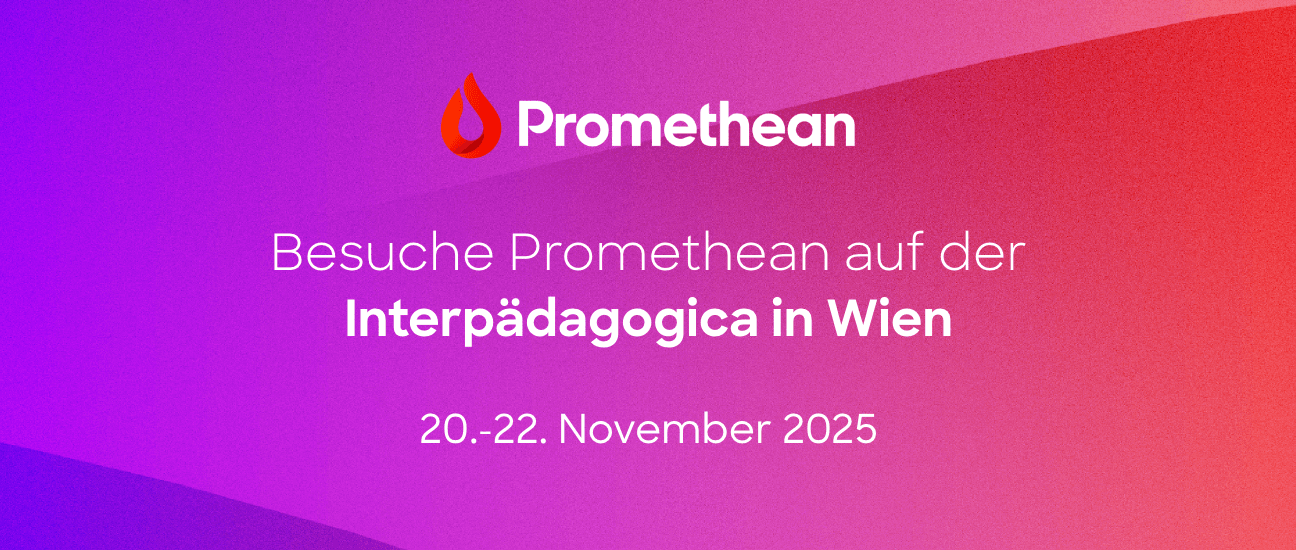 Einladung zur Interpädagogica in Wien. Lila Frabeverlauf mit Promethean Logo