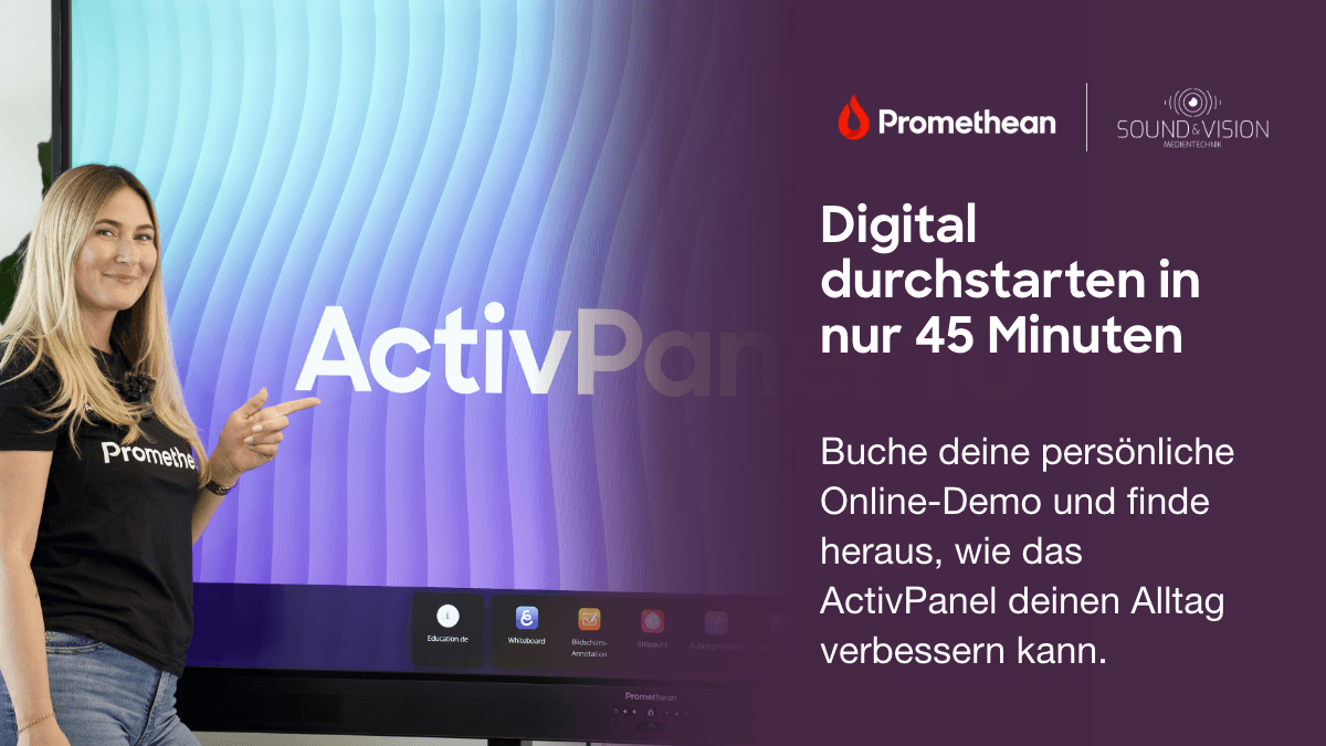 Online-Demo buchen. Promethean Mitarbeiterin vor einem ActivPanel 10